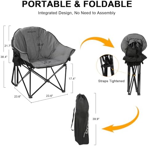 Oversized Camping Chairs Padded Heavy Duty Folding Support 400LBS | Comfy Lawn Chairs for Adults Outdoor Sports with Side Mesh Bag & Cup Holder, Portable Foldable, Sturdy Steel Frame (Grey)