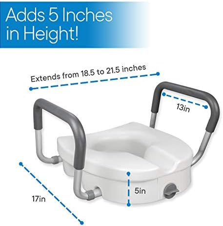 RMS Raised Toilet Seat - 5 Inch Elevated Riser with Adjustable Padded Arms