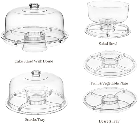 HBlife Cake Stand with Lid (12.2"), Multifunctional Cake Stand with Acrylic Dome, Acrylic 6-in-1 Cake Plate Display Stand with Cover for Baking Gifts, Birthday Kitchen Parties, Weddings