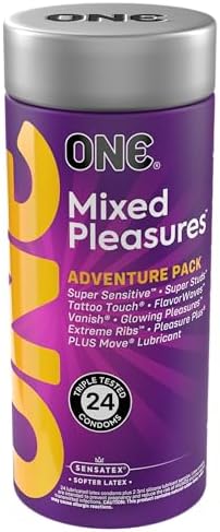 ONE® Condoms Mixed Pleasures™ Variety Pack | Ultra Thin, Glowing, Flavored, and Textured Condoms | 24 Count