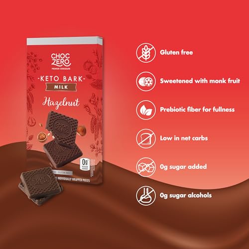 ChocZero Sugar Free Chocolate Candy with Hazelnuts, 4 Pack | No Sugar Alcohols, Keto, Low Carb, High Fiber, Gluten Free, 32 Total Candy Squares