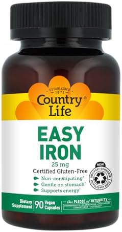 Country Life Easy Iron 25 mg with Ferrochel, 90 Capsules | Non-constipating and gentle on the stomach, Certified Gluten-Free, Vegan and Kosher Parve