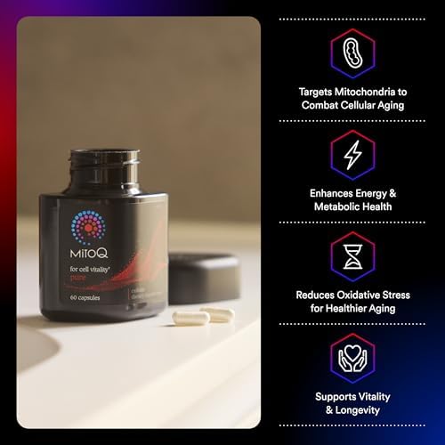 MitoQ Pure Advanced Mitochondria Supplement - Superior Bioavailability to CoQ10 - Patented Vitality Supplement for Sustained Energy, Heart Health, Metabolic Support, and Healthy Aging (60 Capsules)