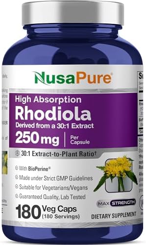Rhodiola Rosea, Non-GMO, vegan, 250mg, 180 Veggie Capsules - 180 Servings | Plant Based 30:1 Extract, BioPerine, Suitable for Adults