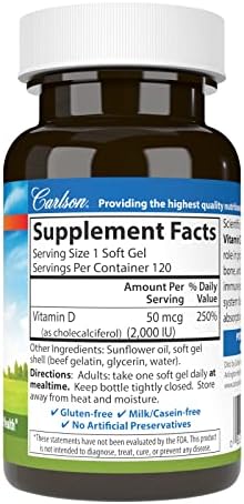 Carlson Vitamin D3, 2000 IU (50 mcg), Bone Health, 360 Softgels | Muscle Health; Cholecalciferol; Vitamin D Supplements; Vitamin D3 Soft Gels