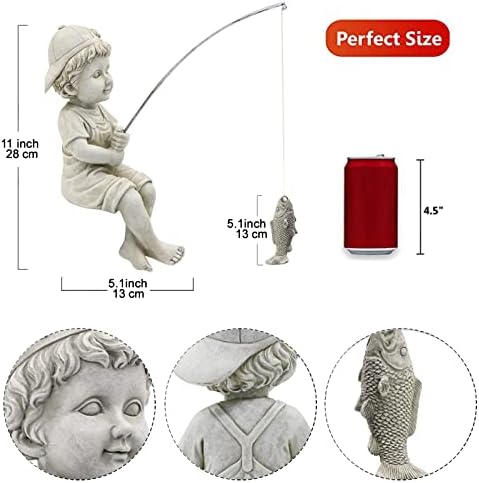 Goodeco Fisherboy Statue Garden Decor - 11" Little Fishing Guy for Koi Pond or Waterfalls, Poolside Statue with Glow in Dark Pebbles Included