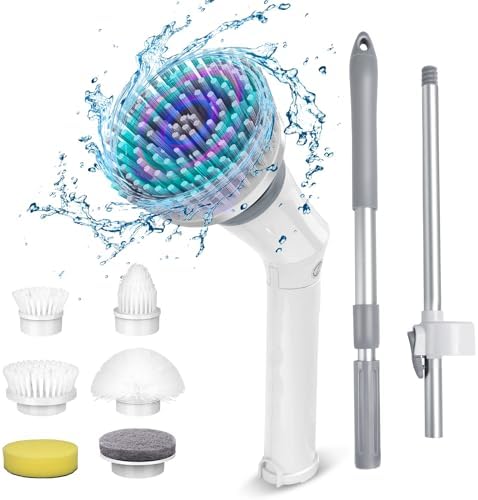 Qimedo Electric Spin Scrubber Q3, 6000mAh, Extra-Large Brush Head, 1200RPM | Floor Scrubber Machine with Long Handle, Cordless Cleaning Brush, 8 Brush Heads and Smart Display for Showers, Tubs and Tile