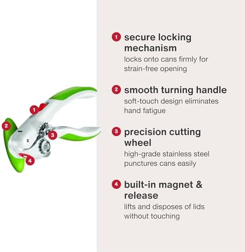 Zyliss Lock N' Lift Can Opener with Lid Lifter Magnet - Manual Opener with Locking Mechanism - Easy-to-Turn - Magnetic Can Opener - White/Gray