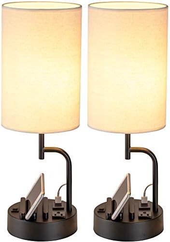 Dreamholder Table Lamp with 3 USB Charging Ports, Modern Desk Lamp with AC Outlet and Phone Stands, Perfect Bedside Lamp for Bedroom, Living Room