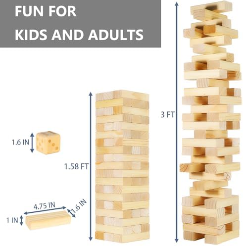 Megwoz Giant Tumble Tower Games for Kids and Adults 57 Blocks New Zealand Pine Wooden Blocks Stacking to Over 4.2FT Family Game for Indoors Outdoors