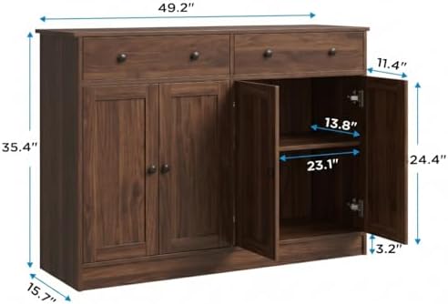 holzart White Buffet Cabinet with Storage, 49" Modern Kitchen Sideboard with 4 Doors & Adjustable Shelves, Wood Coffee Bar Cabinet Console Table for Dining Room, Living Room, Entryway
