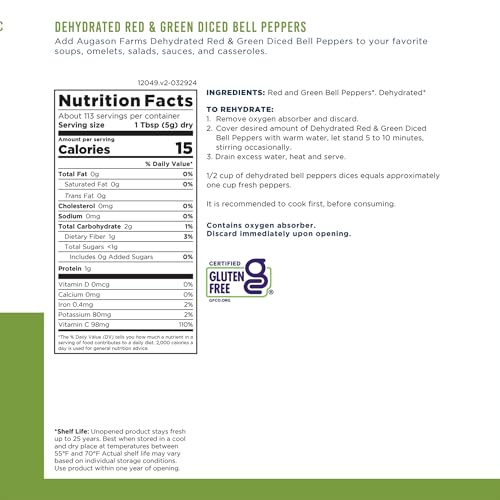 Augason Farms Dehydrated Diced Bell Peppers Can | Emergency Food Supply, 113 Servings, 25 Year Shelf Life, Red and Green Peppers, Dehydrated Meals