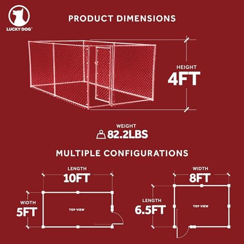 Lucky Dog 10' x 10' x 6' Heavy Duty Outdoor Welded Galvanized Steel Chain Link Dog Kennel Enclosure with 2 Configurations and Latching Door, Silver