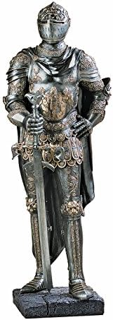 Design Toscano King's Guard Medieval Decor Half Scale Knight Armor Gothic Statue, 39 Inch Tall, Cast Stone Resin, Metallic Finish with Faux Stone Base