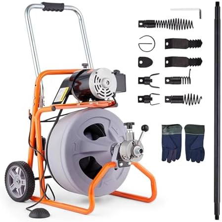 HoldwellS 50FT x 5/16 Inch Drain Cleaner Machine, Electric Drain Auger for 3/4"-3" Pipes, Sewer Snake Auger with 4 Cutters & Pneumatic Foot Switch