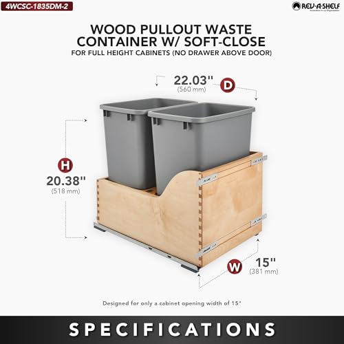 Rev-A-Shelf Pullout Trash Cans for Kitchen Cabinet, Dual 35 Qt Bins with 15" Wood Frame - Large Garbage Bin Containers for Home Waste Storage and Recycling | w/ Soft Close, Under Cabinet Waste/ Recycling Bin, Maple Wood Bottom Mount w/Full Extension Ball…