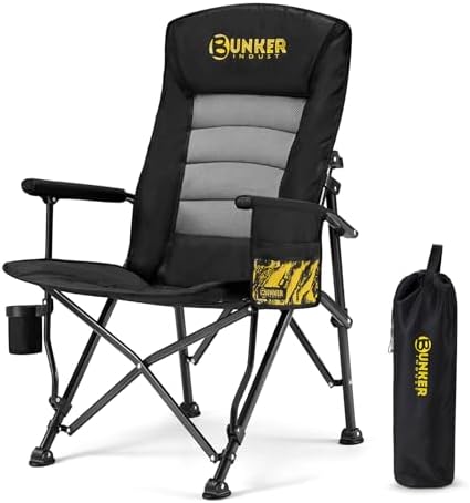 BUNKER INDUST Folding Camping Chair, Oversized with Padded Cushion, Outdoor Chair with Cup Holder Storage Pockets