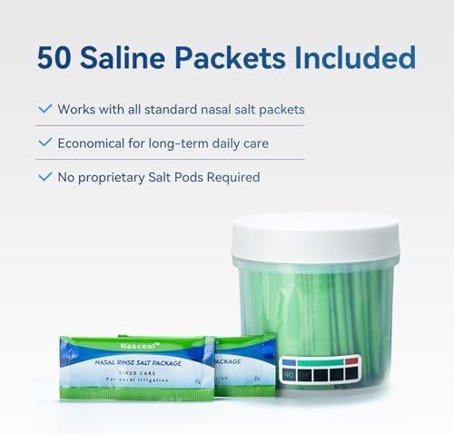 Nascool Electric Nasal Irrigation System with 50 Salt Packets Sinus Rinse | Auto Self-Cleaning, Pressure Relief & Waste Water Collection