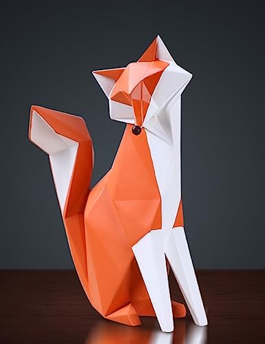 HAUCOZE Fox Statue Figurine Animal Sculpture Modern Home Decor 8.3 Inch | Orange Resin Geometric Art Birthday Holiday Gift Handmade Ornament for