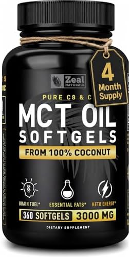 Pure MCT Oil Capsules (360 Softgels | 3000mg) 4 Month Supply Keto Pills w Unrefined Coconut - C10 & C8 Brain Fuel, Energy, Octane Ketosis