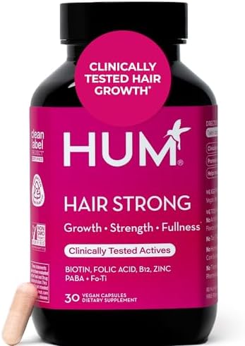 HUM Hair Strong Strawberry Gummies, Hair Growth Support, 60 Count | Folic Acid, Fo-Ti Root Extract, Biotin, Zinc & B12, Vegan Strawberry Gummies, Women & Men