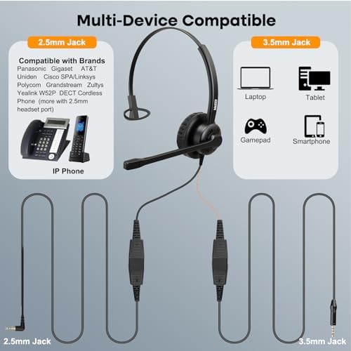 MAIRDI Phone Headset with 2.5mm & 3.5mm Connector for Deskphone Cell Phone PC Laptop, Mono Call Center Office Headset with Noise Cancelling Microphone