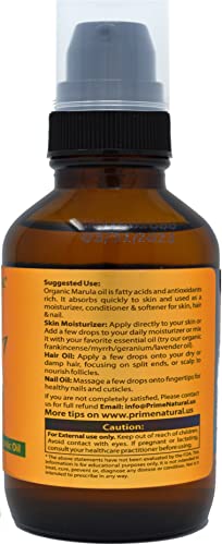 PRIME NATURAL Organic Marula Oil, Pure, Cold Pressed, USDA Certified - 4oz