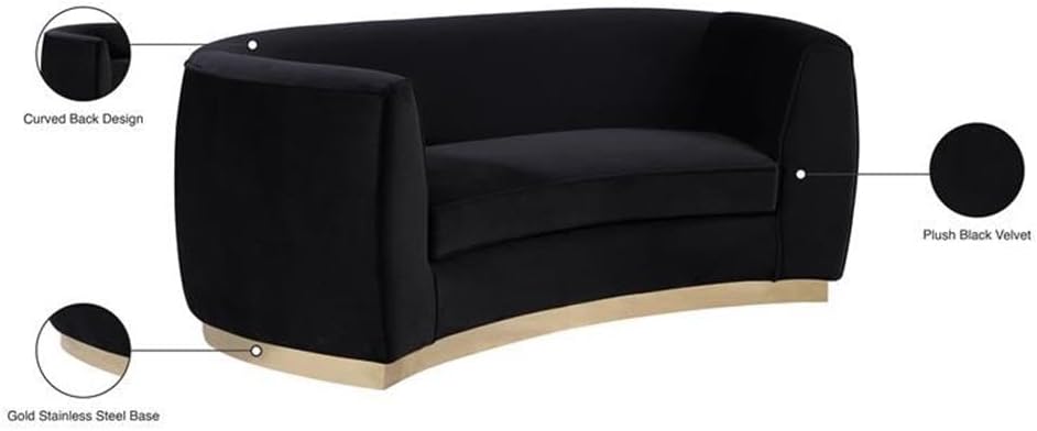 Meridian Furniture Julian Collection Modern | Contemporary Velvet Upholstered Loveseat with Stainless Steel Base in Rich Gold Finish, Black, 70" W x 34" D x 28" H