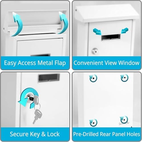 Serenelife Weatherproof Wall Mount Locking Mailbox Galvanized Steel Drop Box with Metal Flap for Mail Letters, Newspaper, Money Box