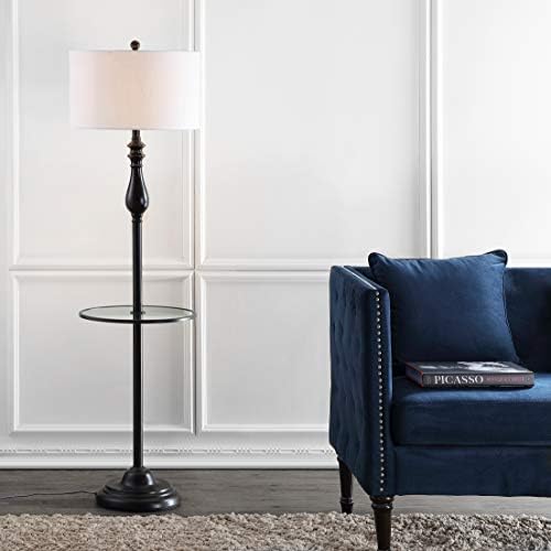 JONATHAN Y Laine 60" Metal and Glass Table Floor Lamp, Oil Rubbed Bronze | Traditional Transitional Style, White Linen Drum Shade, LED Bulb Included