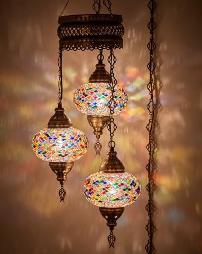 DEMMEX Plug-in Turkish Hanging Lamp, Handmade Moroccan Mosaic Chandelier Pendant Light Fixture with 15-ft Cord & Chain, Decorative Ceiling Lamp for Living Room, Bedroom, 3 Large 7'' Globes, 3.5 ft.