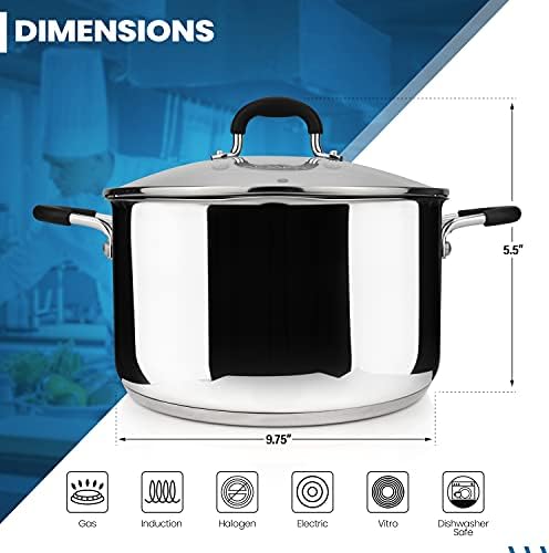 AVACRAFT 6 Quart Stainless Steel Stock Pot with Glass Strainer Lid | 5-Layer Capsule Base, Tempered Glass Strainer Lid, Drip-Free Pour Spouts, Induction Compatible, Dishwasher Safe