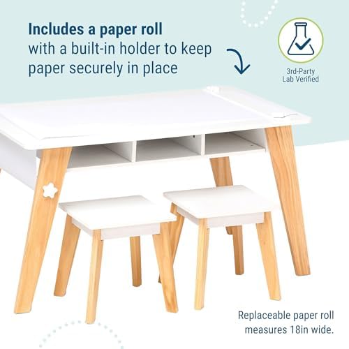 Wildkin Kids Arts & Crafts Table Set – Mid-Century Modern Design with 2 Stools, Storage Cubbies & Paper Roll - White