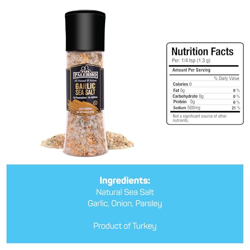 Papa Palermo Garlic Sea Salt Seasoning with Grinder, Kosher, All Natural, No Additives, 9.52 oz