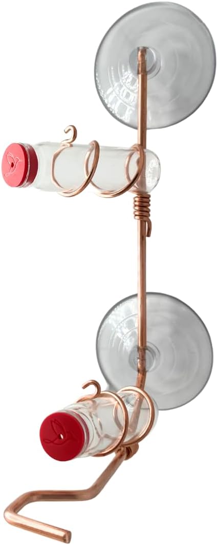 Window Hummingbird Feeder | Handcrafted Copper and Aluminum | Multiple Stations | Modern Hummingbird Feeder | Glass Bottles | Suction Cups (Copper, Four Station)