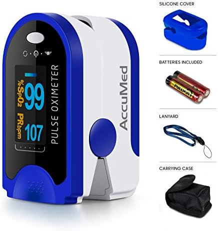 AccuMed Fingertip Pulse Oximeter, Sp02 Finger Blood Pulse Oxygen Monitor, w/Carrying case, Lanyard Silicon Case & Battery CMS-50D (Blue)