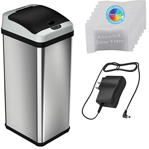 iTouchless Touchless Trash Can with AC Adapter, 3 Odor Filters Big Lid Opening Sensor Kitchen Garbage Bin, 13 Gallon, Stainless Steel, Platinum