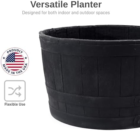 RTS Companies Home Accents 24" Whiskey Barrel Planter, Durable Polyethylene Indoor/Outdoor Flower Pot, Weather-Resistant Plastic Garden Planter, Black, 1-Pack
