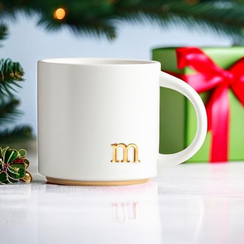 COLLECTIVE HOME Ceramic Coffee Mug, 15 oz Monogram Cup with Gift Box(m) | Dishwasher Safe, Engraved Gold Letter