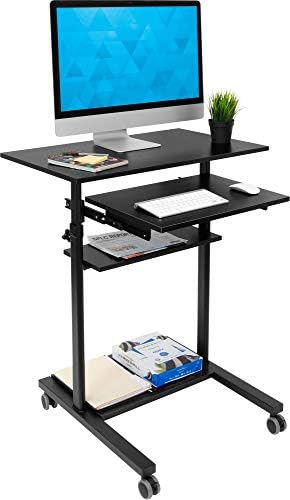 Mount-It! Black Rolling Standing Desk, Adjustable Height up to 54.7", Portable Laptop Podium Desk on Wheels, Mobile Computer Workstation with 4 Shelves 27.5" Wide, Cart for Home Office or Classroom