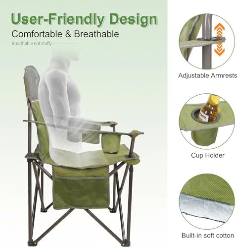 Oversized Camping Chairs 2 Pack - Heavy Duty 400LBS Padded Lawn Chair with Cooler Bag,Cup Holder,Side Pocket,Collapsible for Outdoor,Camp,Fishing & Garden,Dark Green