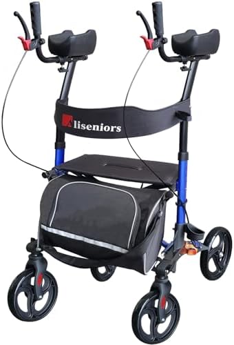 Aliseniors Upright Walker for Seniors - Big Stand Up Walker with Wide Seat, Foldable 4 Wheel All-Terrain Rolling Walker, Adjustable Armrests, 300lbs, Improves Posture & Reduces Back Strain | 20.6" Wide Seat, Foldable Rollator, 8" All-Terrain Wheels, Adju…