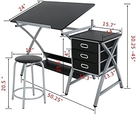 ZENY Drafting Table and Stool, Tilted Draft Table Desk w/Drawers, Artist Drawing Desk Craft Table for Drafting, Painting, Reading, Writing