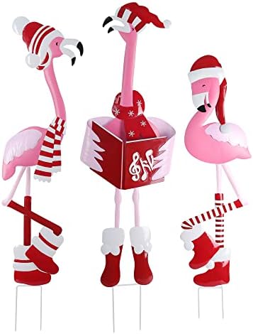 Haute Decor Outdoor Christmas Caroling Flamingos Trio Yard Decor - Sturdy Weatherproof Metal Construction, 3 Holiday Flamingos, Yard Stakes Included
