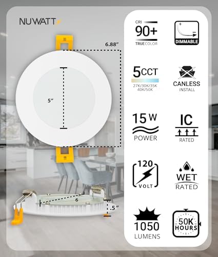 NUWATT Canless Recessed Lighting 6 Inch, 2700K-5000K, Dimmable, ETL, 6 Pack