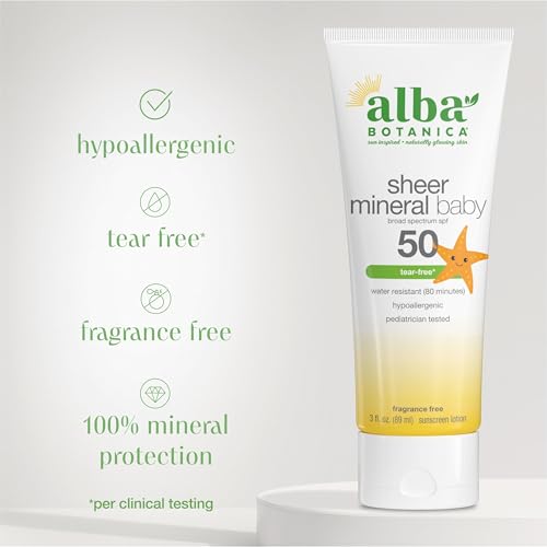 Alba Botanica Baby Sunscreen for Face and Body, Sheer Mineral Sunscreen Lotion, Broad Spectrum SPF 50, Water Resistant and Fragrance-Free