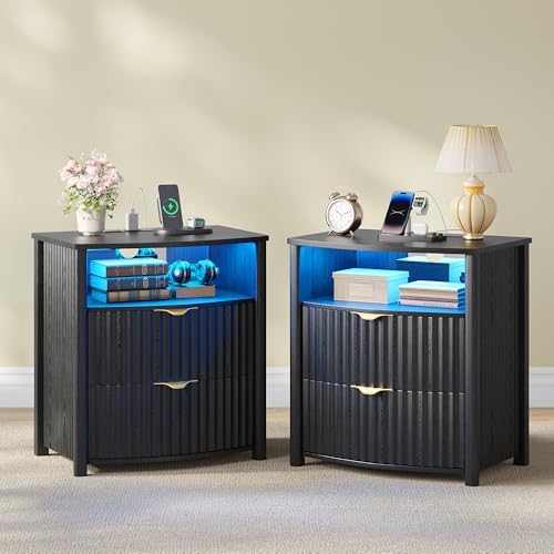 Dystler Fluted LED Night Stand with Hidden Gun Drawer & Charging | 19.7" W Curved Smart Bedside Table, 3-Color LED lights, 2 Drawers, Nightstand with Card-Lock, End Table for Bedroom, Walnut