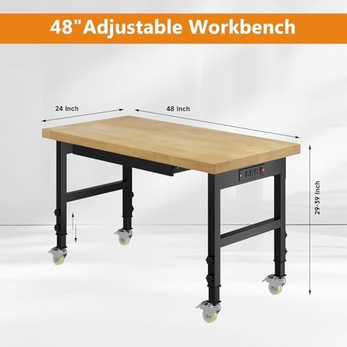 48" Heavy Duty Work Bench with Drawers, Adjustable Height Workbench with Wheels, 2000 LBS Capacity Work Table with Power Outlets for Garage, Workshop, Office, Home