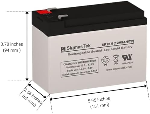 SigmasTek SP12-9 - 12V 9AH F2 SLA Battery - Replaces: Universal Power UB1290 (40748), UB1280HR (D5785), B&B Battery BP8-12, HR9-12, Vision CP1290, Yuasa NP9-12