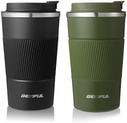 GEMFUL 2 Pack 17oz Insulated Travel Coffee Mug with Lid (Black/White)